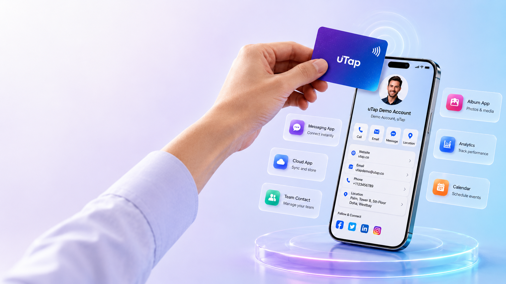 Hand tapping a uTap NFC card on a phone showing a live digital profile